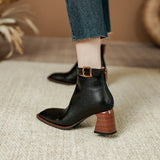 Amozae-Women Genuine Cow Leather High Heel Elegant Style Short Boots Office Ladies Pointed Toe Chunky Heels Zip Belt Buckle Ankle Boots