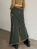 Amozae-Embroidered denim maxi skirt with slit and vintage star- Streetwear y2k outfits Fall Outfits Christmas Thanksgiving Gift New Year's Eve