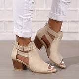 Amozae-Women's Chunky Heeled Sandals, Peep Toe Solid Color Cut-out Back Zipper Low Heels, Retro Stacked Heeled Sandals