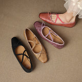 Amozae-Genuine Leather Mary Jane Shoes Women Chunky Heel Ballet Flats with Cross Elastic Strap Retro Casual Pumps for Daily Commuting