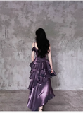 Amozae-dress to impress party dress nye outfits Irregular Ruffled Suspender Prom Dress Dark Purple Long Birthday Dress YM1629