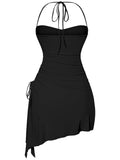 Amozae-nye outfits back to school dress  Deep Slit Asymmetric Halterneck Mini Dress