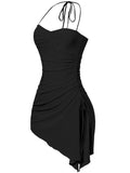 Amozae-nye outfits back to school dress  Deep Slit Asymmetric Halterneck Mini Dress