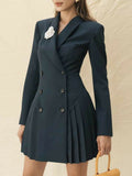 Amozae-nye outfits back to school dress  Double Breasted Pleated Hem Blazer Dress