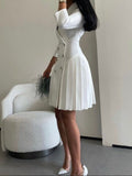Amozae-nye outfits back to school dress  Double Breasted Pleated Hem Blazer Dress