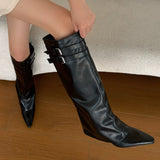 Amozae-back to school outfits Catwalk Double Buckle Knee-High Boots