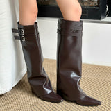 Amozae-back to school outfits Catwalk Double Buckle Knee-High Boots