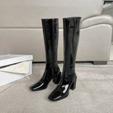 Amozae-Winter Short Plush Women Knee-High Boots Elegant Thick Heel Shoes Ladies Concise Square Toe Long Botas De Mujer-Platform boots