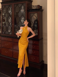Amozae-dress to impress party dress nye outfits Sexy Gold Halter Neck Print Floral Slit Party Dress YM1671