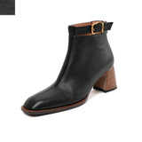 Amozae-Women Genuine Cow Leather High Heel Elegant Style Short Boots Office Ladies Pointed Toe Chunky Heels Zip Belt Buckle Ankle Boots
