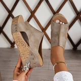 Amozae-Women's Solid Color Platform Sandals, Platform Slip On Soft Sole Studded Decor Shoes, Summer Wedge Side Cut Out Shoes