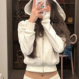 Amozae-Hot Girl Zip Up Hoodie White Rhinestone Short Long Sleeves Hoody Harajuku Casual Kpop Punk Sweatshirt Top Women Y2k Hoodies Coat