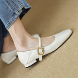 Amozae-Women New Cowhide Leather Square Toe Vintage Shoes Spring Low Heels Belt Buckle Flat Retro Office Ladies Casual Pumps Femmes