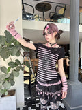 Amozae-Y2k Punk Sexy Women Clothing Gothic Stripe Streetwear Pink One shoulder Kawaii Skulls Aesthetic T Shirts 2000s Grunge Crop Top