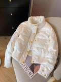 Amozae-back to school outfits spring outfits  Elegant White Parkas Women Casual Buttons Korean Puffy Coats Winter Fashion Long Sleeve Warm Thick Stand Collar Jackets