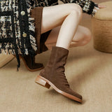 Amozae-Women Autumn and Winter Round Toe Low Heel Mid Calf Boot Ladies Back Zipper Cow Suede Chunky Heel Elegant Style Boots Size 34-40