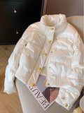 Amozae-back to school outfits spring outfits  Elegant White Parkas Women Casual Buttons Korean Puffy Coats Winter Fashion Long Sleeve Warm Thick Stand Collar Jackets