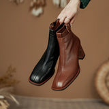 Amozae-Women Genuine Cow Leather High Heel Elegant Style Short Boots Office Ladies Pointed Toe Chunky Heels Zip Belt Buckle Ankle Boots