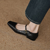 Amozae-Women Vintage Square Toe Flat Heels Sheepskin Shoes Office Ladies Belt Buckle Chunky Heels Retro Mary Janes Pumps Outdoor Wear