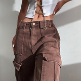 Amozae-Brown baggy cargo jeans with a vintage wash- Streetwear y2k outfits Fall Outfits Christmas Thanksgiving Gift New Year's Eve