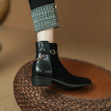 Amozae-New Women Autumn Winter Kid Suede Pointed Toe Chunky Heels Short Boots Ladies Metal Chain Decoration Handmade Retro Ankle Boots