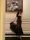 Amozae-dress to impress party dress nye outfits Sexy Mermaid Floral Black Prom Dress Birthday Party Dress YM1703