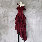 Amozae-dress to impress party dress nye outfits Irregular Ruffled Suspender Prom Dress Burgundy Long Birthday Dress YM1630