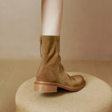 Amozae-Women Autumn and Winter Round Toe Low Heel Mid Calf Boot Ladies Back Zipper Cow Suede Chunky Heel Elegant Style Boots Size 34-40
