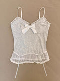 Amozae-Bow Y2k Crop Top Lace Sexy Camis Tank Vintage 90s Clothes Women Gray Corset Tops Gothic Slim Femme Sling Body Tee Korea Clothing