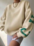 Amozae-Fall Outfits -Oversized varsity sweatshirt with green letter graphic- Streetwear y2k outfits Fall Outfits Christmas Thanksgiving Gift New Year's Eve