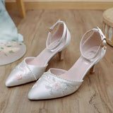 Amozae-kawaii shoes Pointed Thin Middle Heel 2025 One Line Buckle Toe Sandals Embroidered Flower Shoes Retro Single Shoes prom shoes