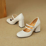 Amozae-Women Spring Genuine Leather Chunky Heels Square Toe Shoes Korean Style Femmes High Heels Belt Buckle Shallow Solid Casual Pumps