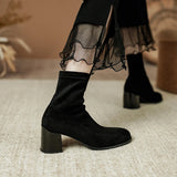 Amozae-2023 Winter Women New Fashion High Heels Solid Short Stretch Boots Ladies Round Toe Chunky Heels Slip-on Retro Style Ankle Boots