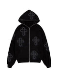 Amozae-Fall Outfits -Zip up hoodie with rhinestone cross pattern- Streetwear y2k outfits Fall Outfits Christmas Thanksgiving Gift New Year's Eve