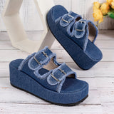 Amozae-Mid Heel Denim Wedge Sandals - Slip-on, Platform Heel, Open Toe, Faux Leather Lining, EVA Sole, Solid Color, Vacation Style, Casual Outdoor Summer Shoes for Women