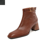 Amozae-Women Genuine Cow Leather High Heel Elegant Style Short Boots Office Ladies Pointed Toe Chunky Heels Zip Belt Buckle Ankle Boots
