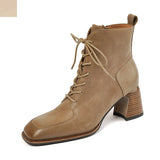 Amozae-Retro Leather Square Toe Chunky Heels Short Boots Women 2023 Autumn and Winter New Genuine Cow Leather Lace-up High-heeled Shoes