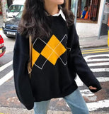 Amozae-Fall Outfits -Vintage argyle sweater Fashion Oversized Women Knit Sweater Pullovers Ladies Winter Loose Sweater Korean College Style Women Jumper Plaid Sweater- Streetwear y2k outfits Fall Outfits Christmas Thanksgiving Gift New Year's Eve