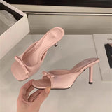 Amozae-Shoes Ladies' Slippers Low Slipers Women Thin Heels Luxury Slides Square Toe Heeled Mules Butterfly-Knot 2025 Designer Summer