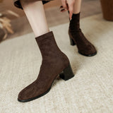 Amozae-2023 Winter Women New Fashion High Heels Solid Short Stretch Boots Ladies Round Toe Chunky Heels Slip-on Retro Style Ankle Boots