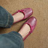 Amozae-New Women's Genuine Cowhide Leather Ballet Flats Bow Decor Soft Sole Flat Shoes Spring Autumn Low Cut Round Toe Casual Comfort
