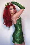 Amozae-hoco dresses -Fairy Elf Halloween Ivy Trim Glove Sleeveless Sequin Party Mini Dress - Green