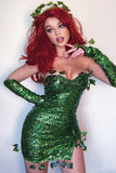 Amozae-hoco dresses -Fairy Elf Halloween Ivy Trim Glove Sleeveless Sequin Party Mini Dress - Green