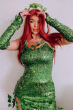 Amozae-hoco dresses -Fairy Elf Halloween Ivy Trim Glove Sleeveless Sequin Party Mini Dress - Green