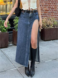 Amozae-Maxi denim skirt with a high side slit- Streetwear y2k outfits Fall Outfits Christmas Thanksgiving Gift New Year's Eve