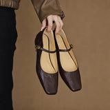 Amozae-Women Vintage Square Toe Flat Heels Sheepskin Shoes Office Ladies Belt Buckle Chunky Heels Retro Mary Janes Pumps Outdoor Wear