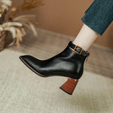 Amozae-Women Genuine Cow Leather High Heel Elegant Style Short Boots Office Ladies Pointed Toe Chunky Heels Zip Belt Buckle Ankle Boots