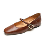 Amozae-Women Spring Genuine Leather Chunky Heels Square Toe Shoes Korean Style Femmes High Heels Belt Buckle Shallow Solid Casual Pumps