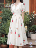 Amozae-nye outfits back to school dress  Floral Lace Trim Puff Sleeve Midi Dress