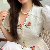 Amozae-nye outfits back to school dress  Floral Lace Trim Puff Sleeve Midi Dress